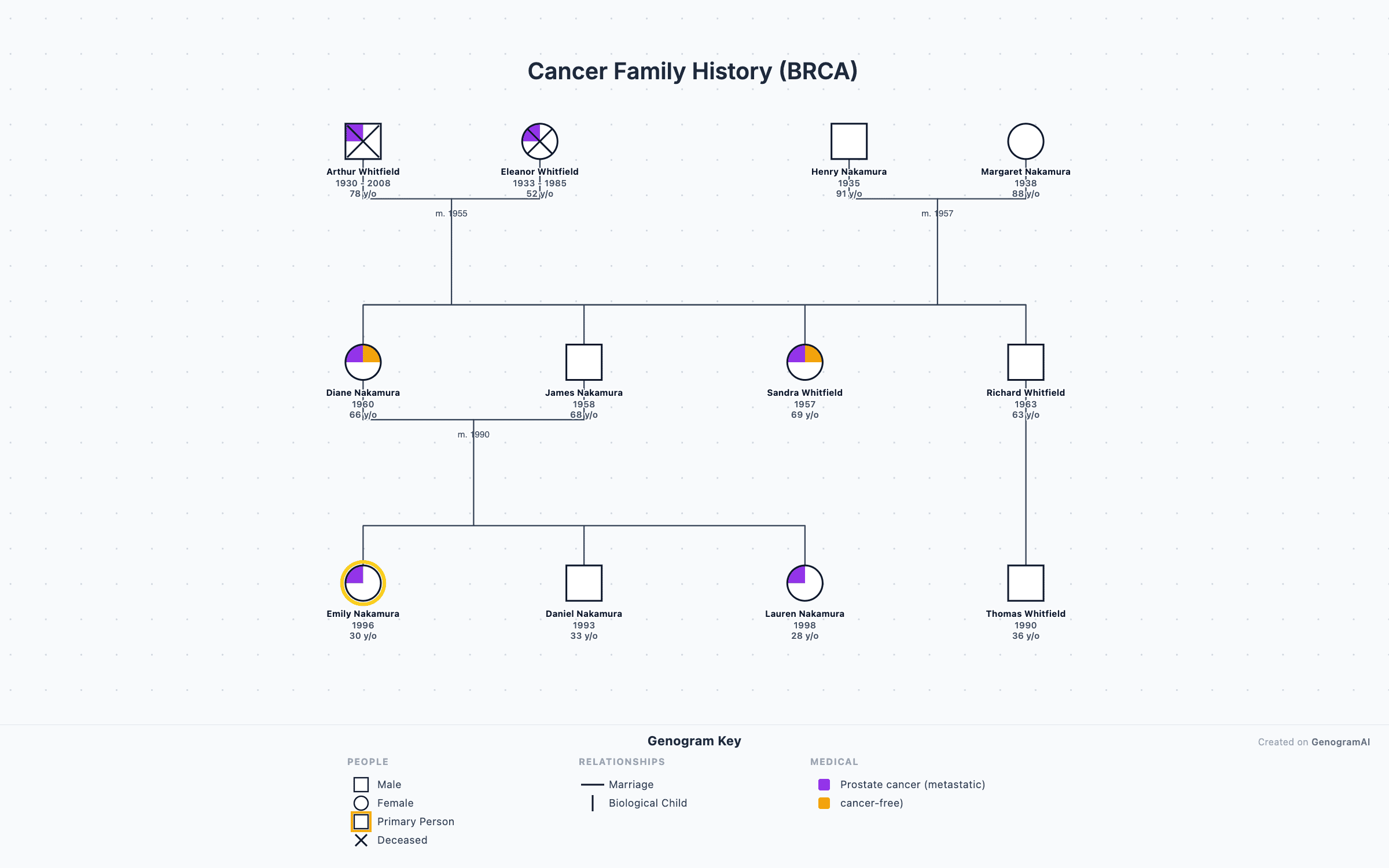 Cancer Family History (BRCA) — Genogram Example Cancer Family History (BRCA) genogram example showing family relationships, created with GenogramAI