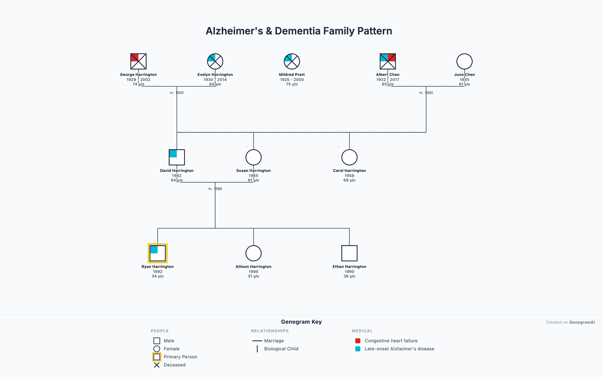 Alzheimer's & Dementia Family Pattern — Genogram Example Alzheimer's & Dementia Family Pattern genogram example showing family relationships, created with GenogramAI
