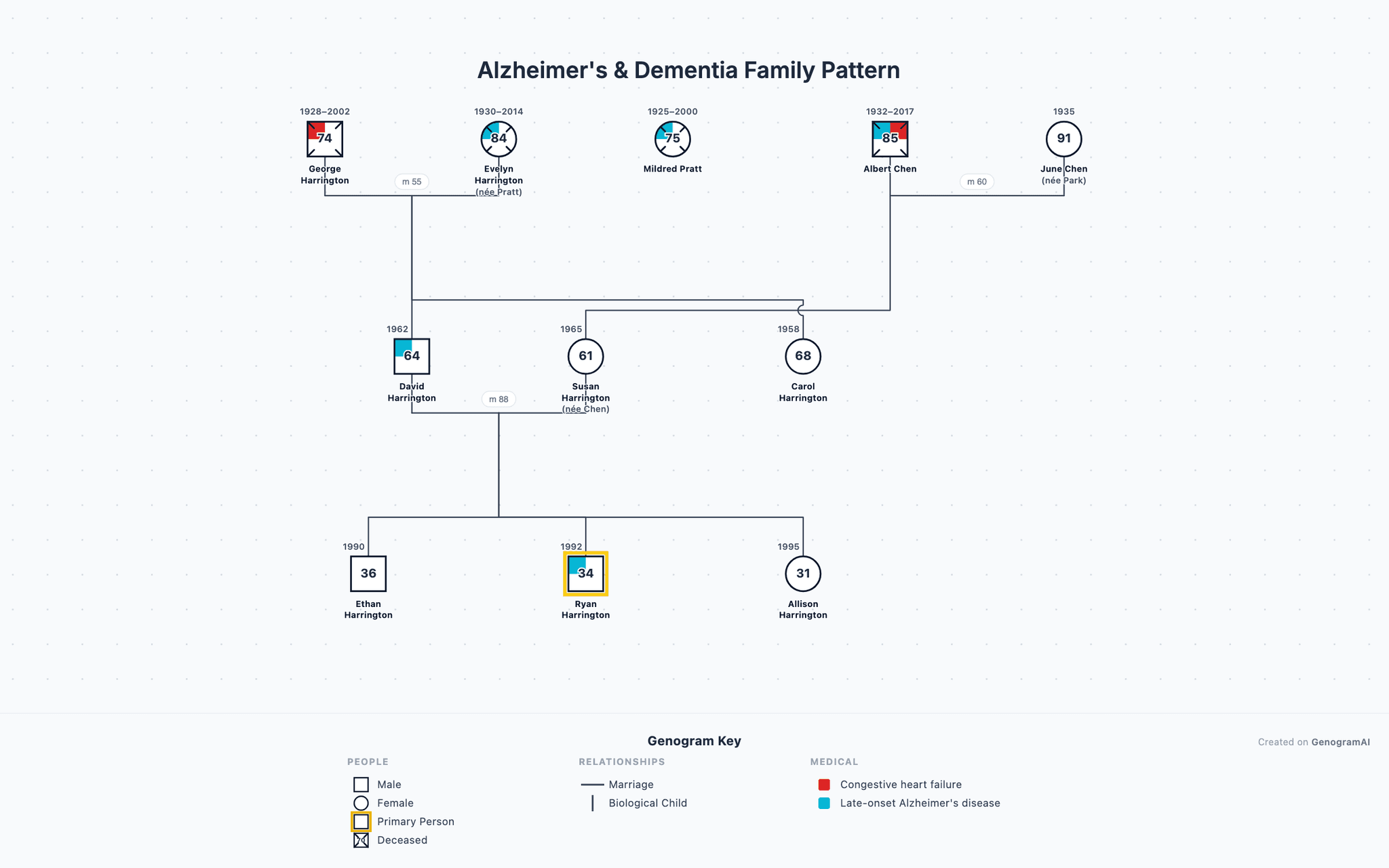 Alzheimer's & Dementia Family Pattern — Genogram Example Alzheimer's & Dementia Family Pattern genogram example showing family relationships, created with GenogramAI