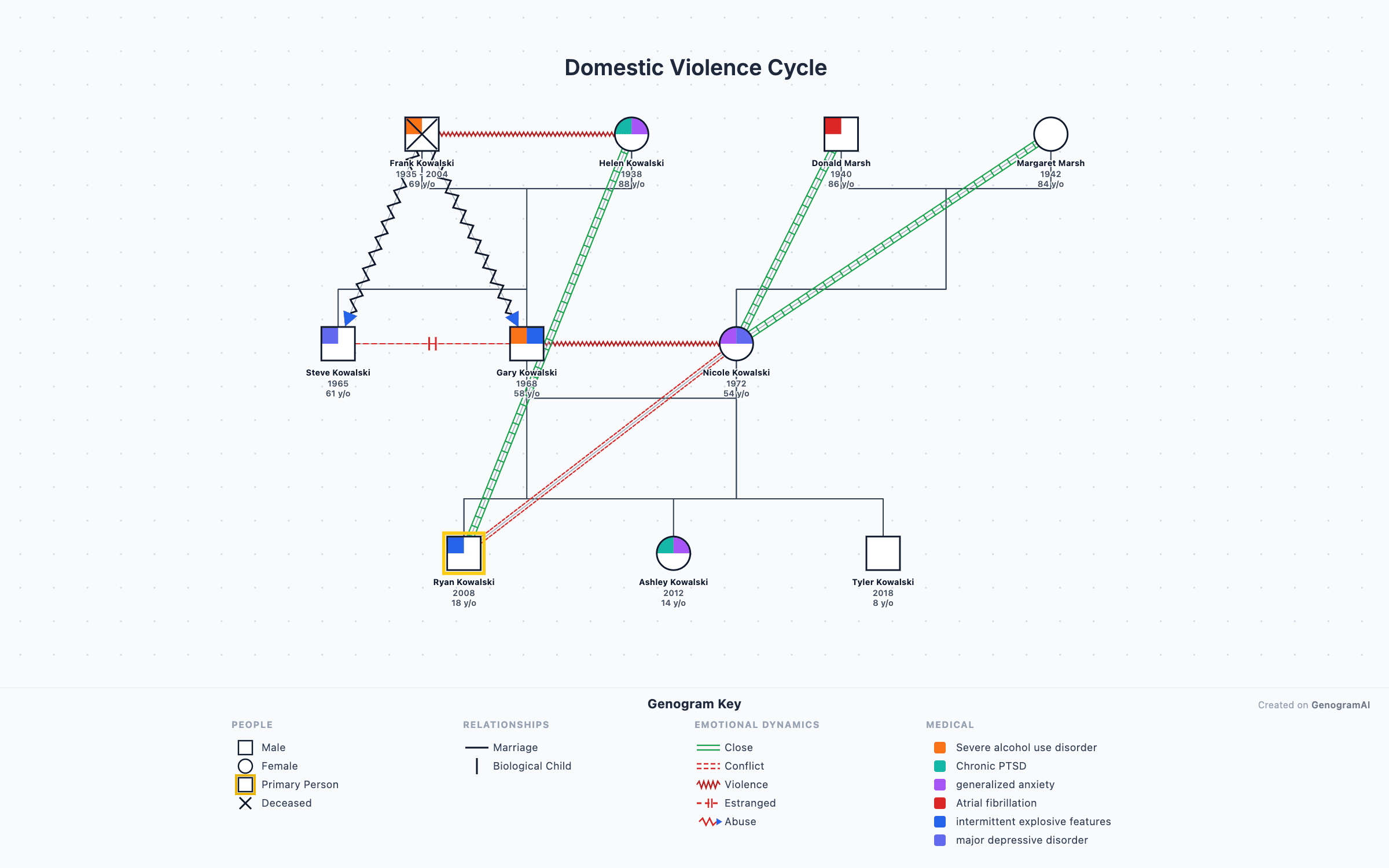 Domestic Violence Cycle — Genogram Example Domestic Violence Cycle genogram example showing family relationships, created with GenogramAI