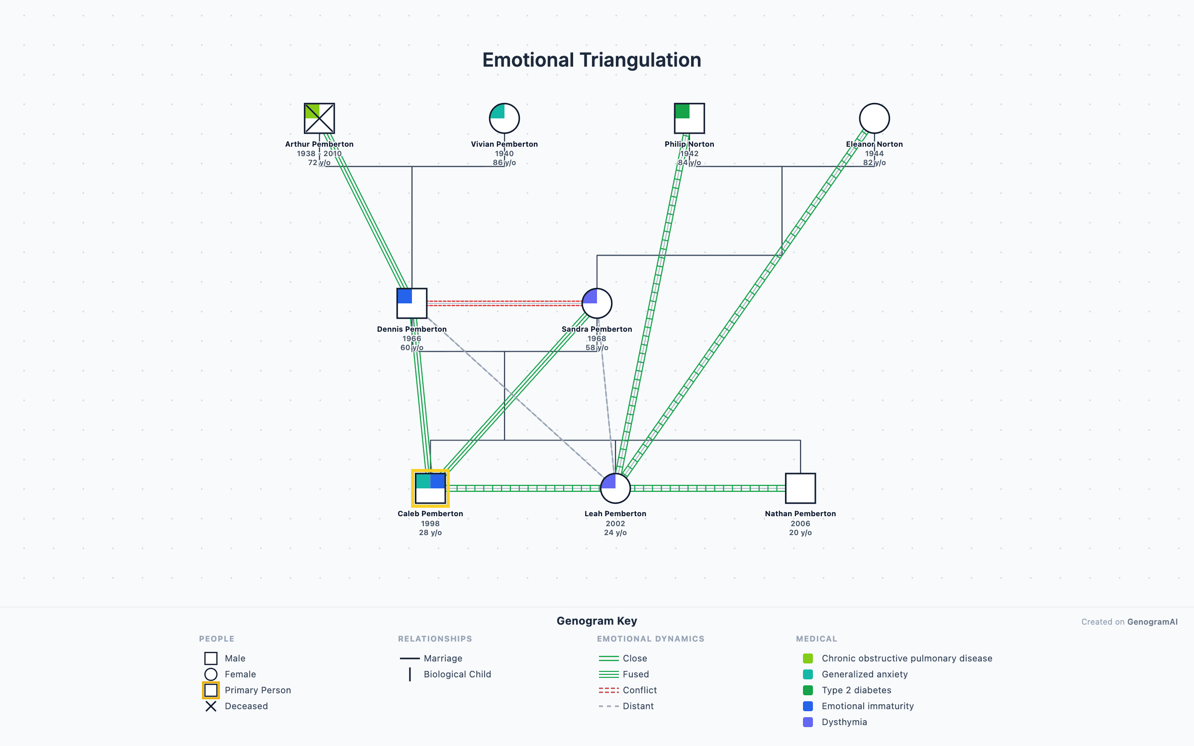 Emotional Patterns Genogram — Genogram Example by GenogramAI Emotional patterns genogram example showing triangulation, enmeshment and cutoff relationships — built with the GenogramAI clinical genogram creator