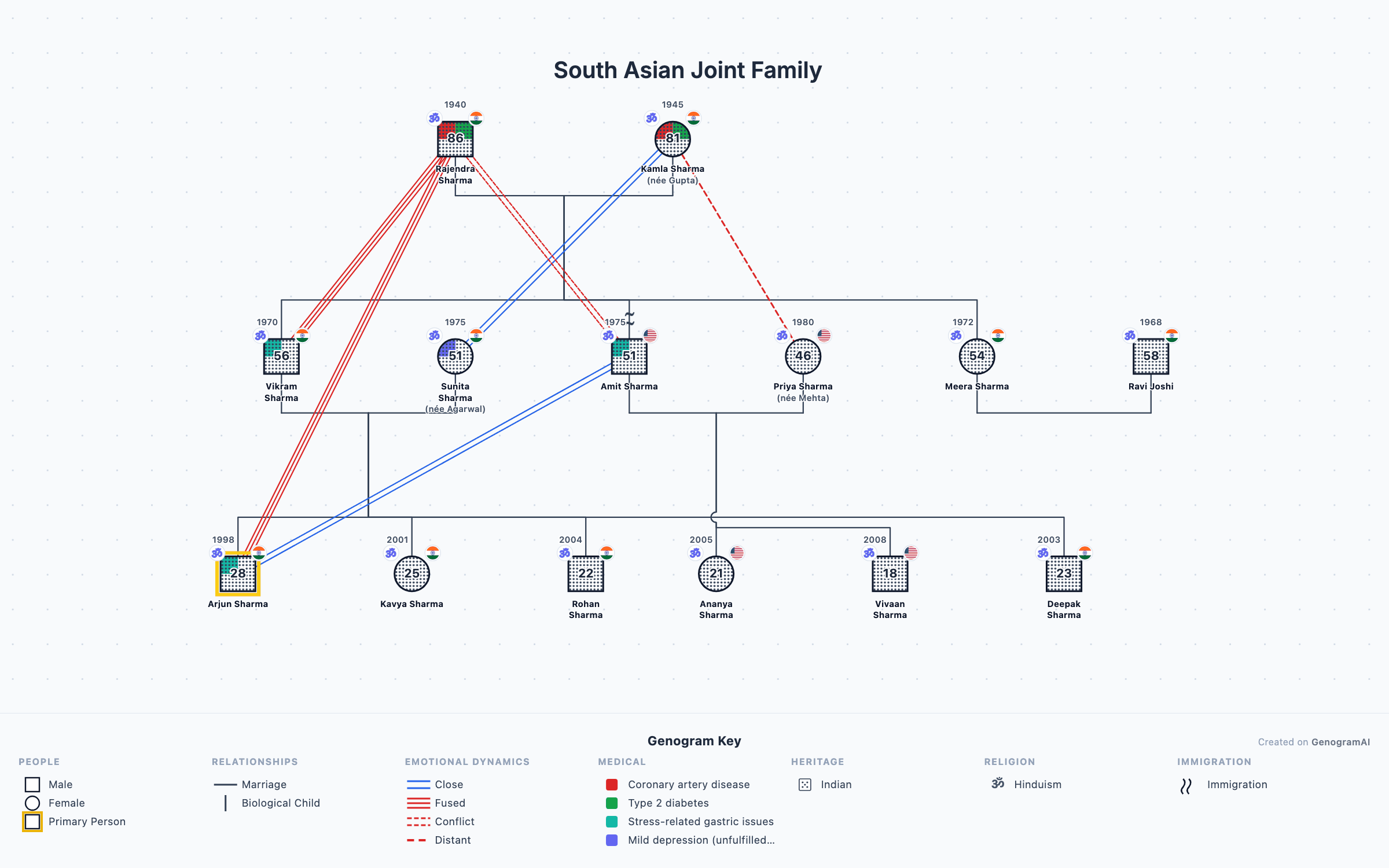 South Asian Joint Family genogram example