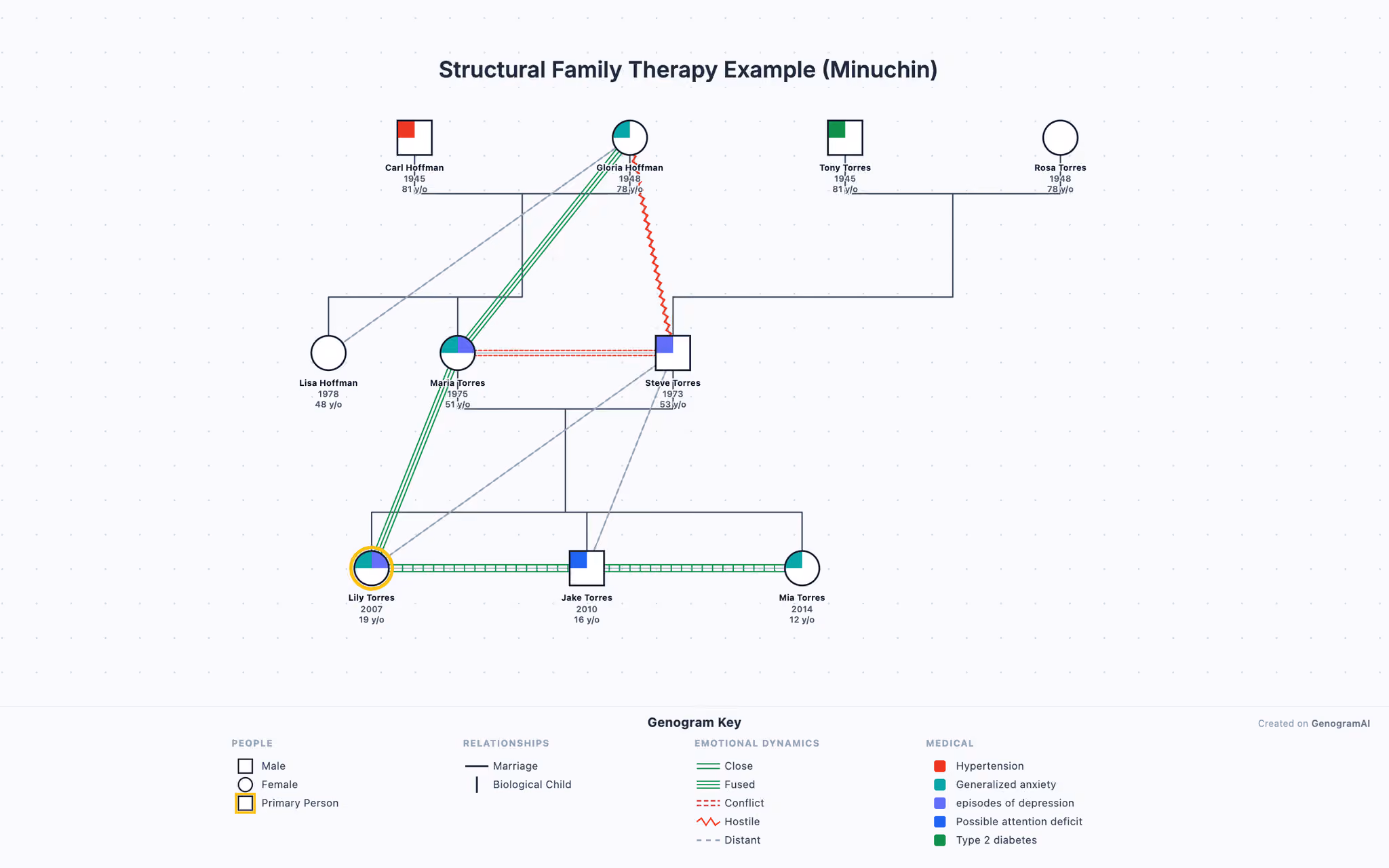 Structural Family Therapy Example (Minuchin) — Genogram Example Structural Family Therapy Example (Minuchin) genogram example showing family relationships, created with GenogramAI