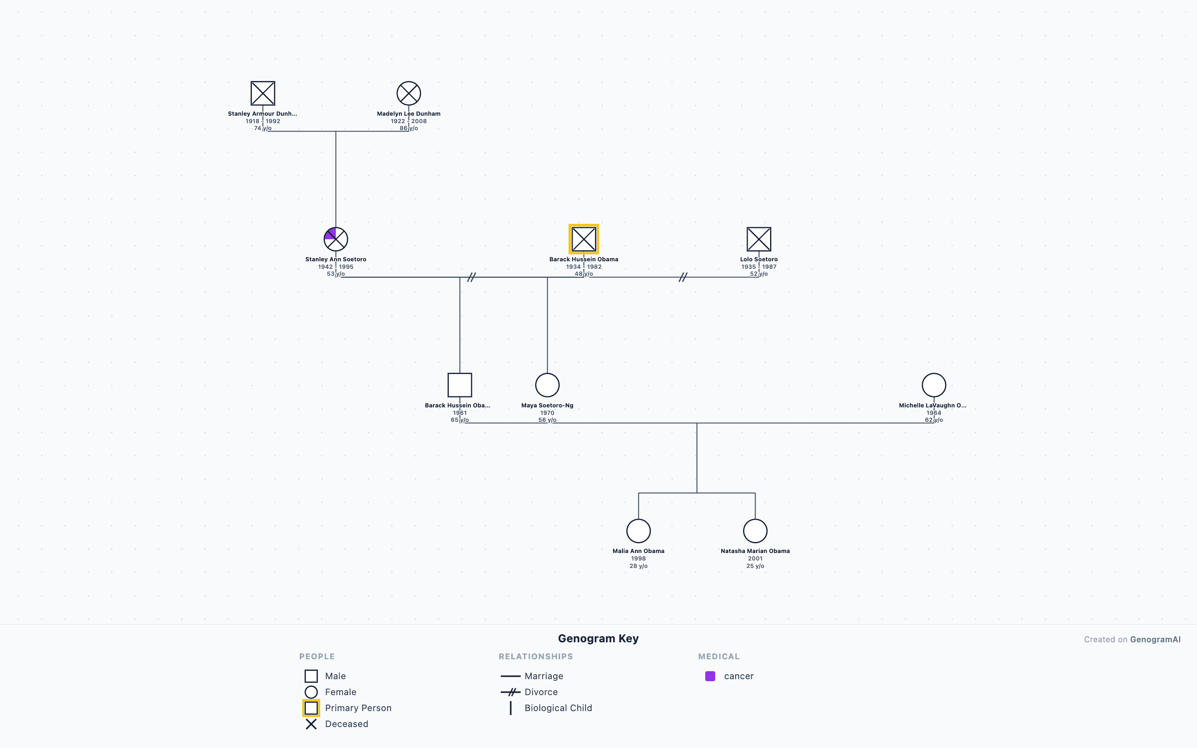 Barack Obama Family Genogram — Educational Example by GenogramAI Barack Obama family genogram example showing his multigenerational and multicultural family structure — educational genogram by GenogramAI