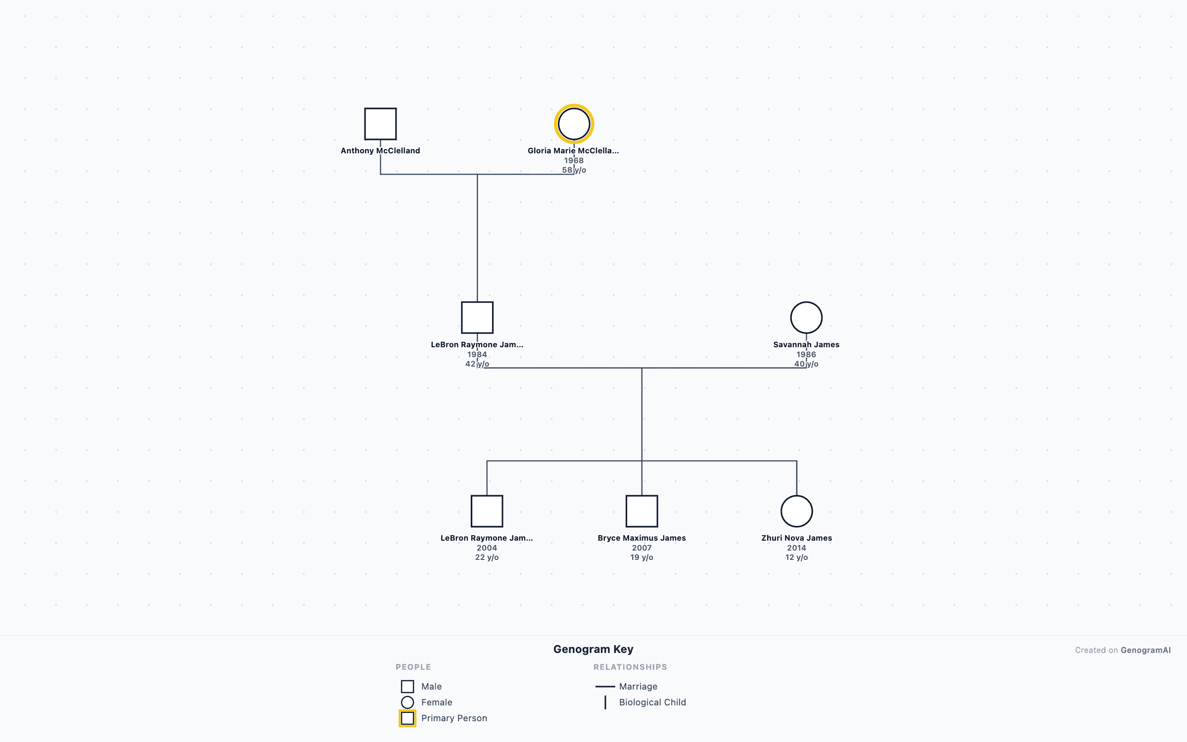 LeBron James Genogram — Genogram Example LeBron James Genogram genogram example showing family relationships, created with GenogramAI
