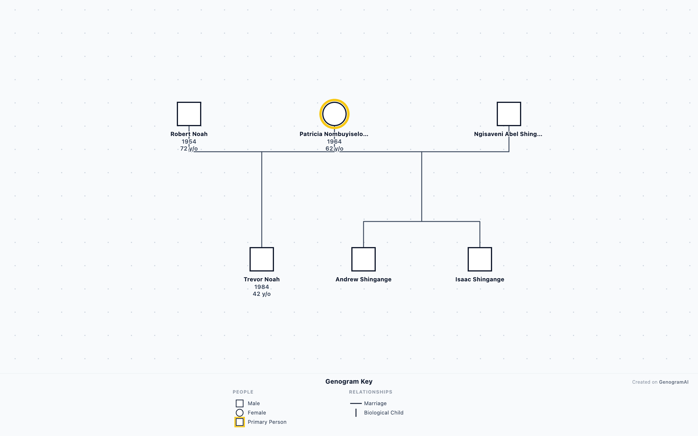 Trevor Noah Genogram — Genogram Example Trevor Noah Genogram genogram example showing family relationships, created with GenogramAI
