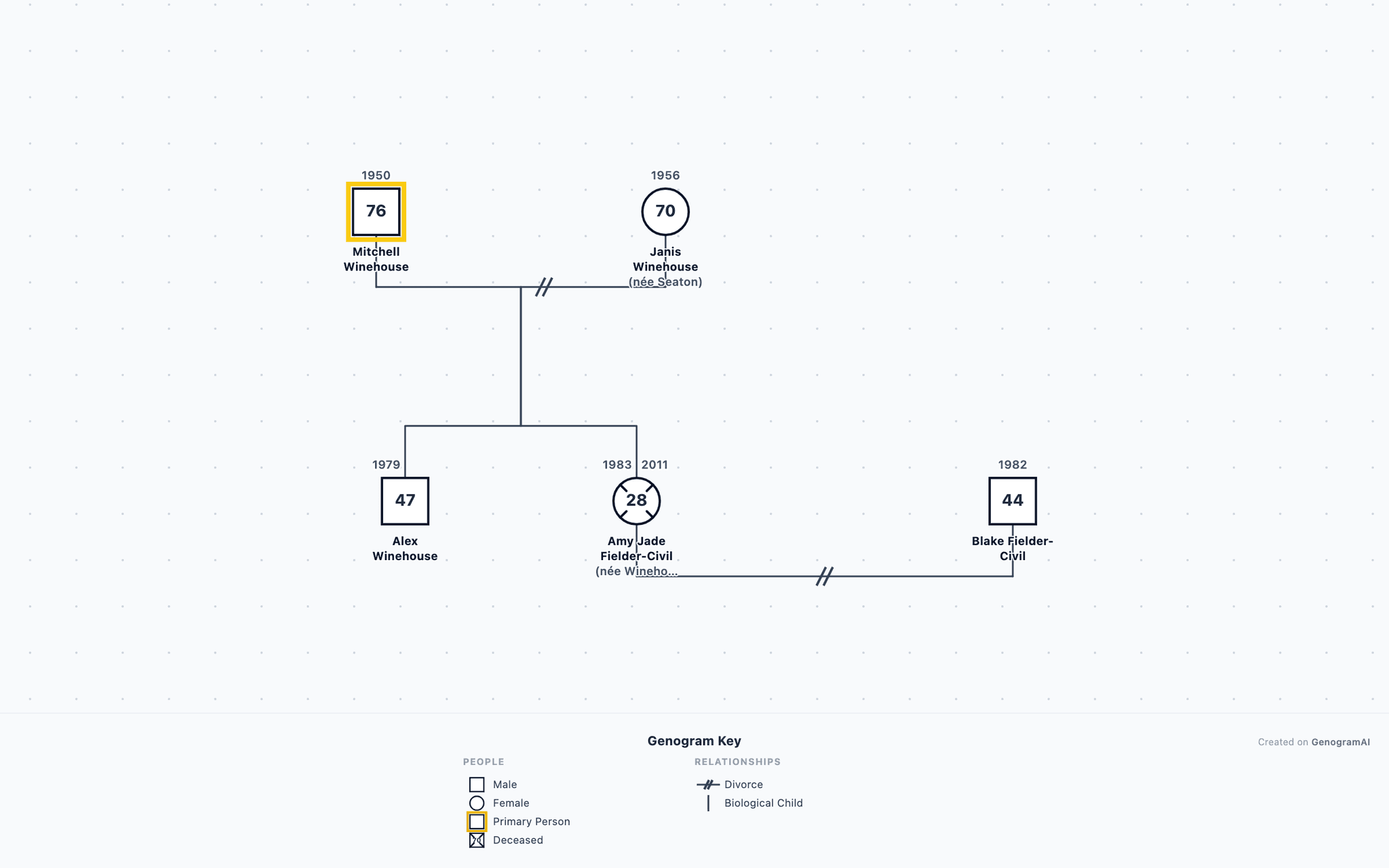 Amy Winehouse Genogram drawn in standard genogram notation: 2 generations, 5 family members
