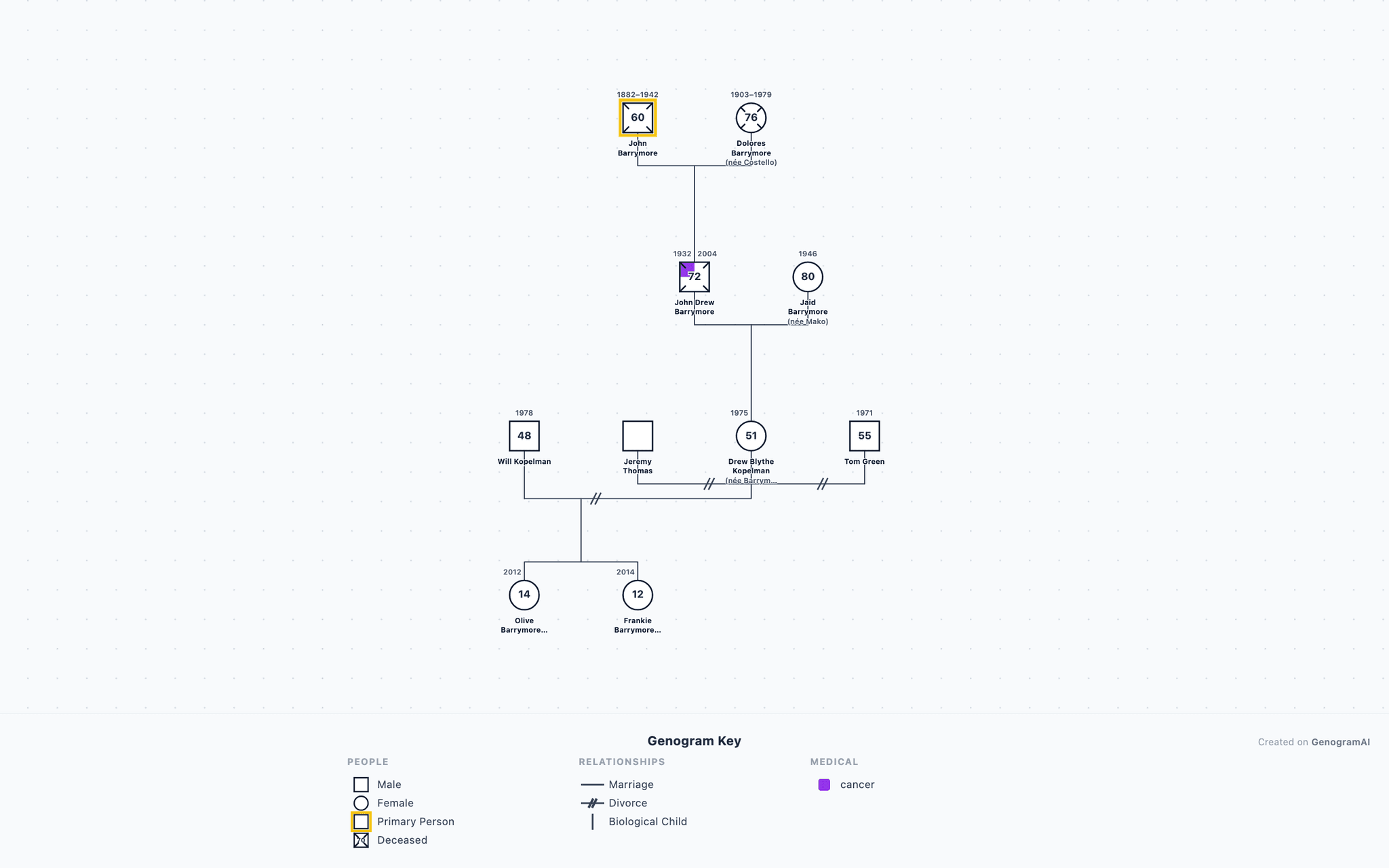 Drew Barrymore Genogram drawn in standard genogram notation: 4 generations, 10 family members