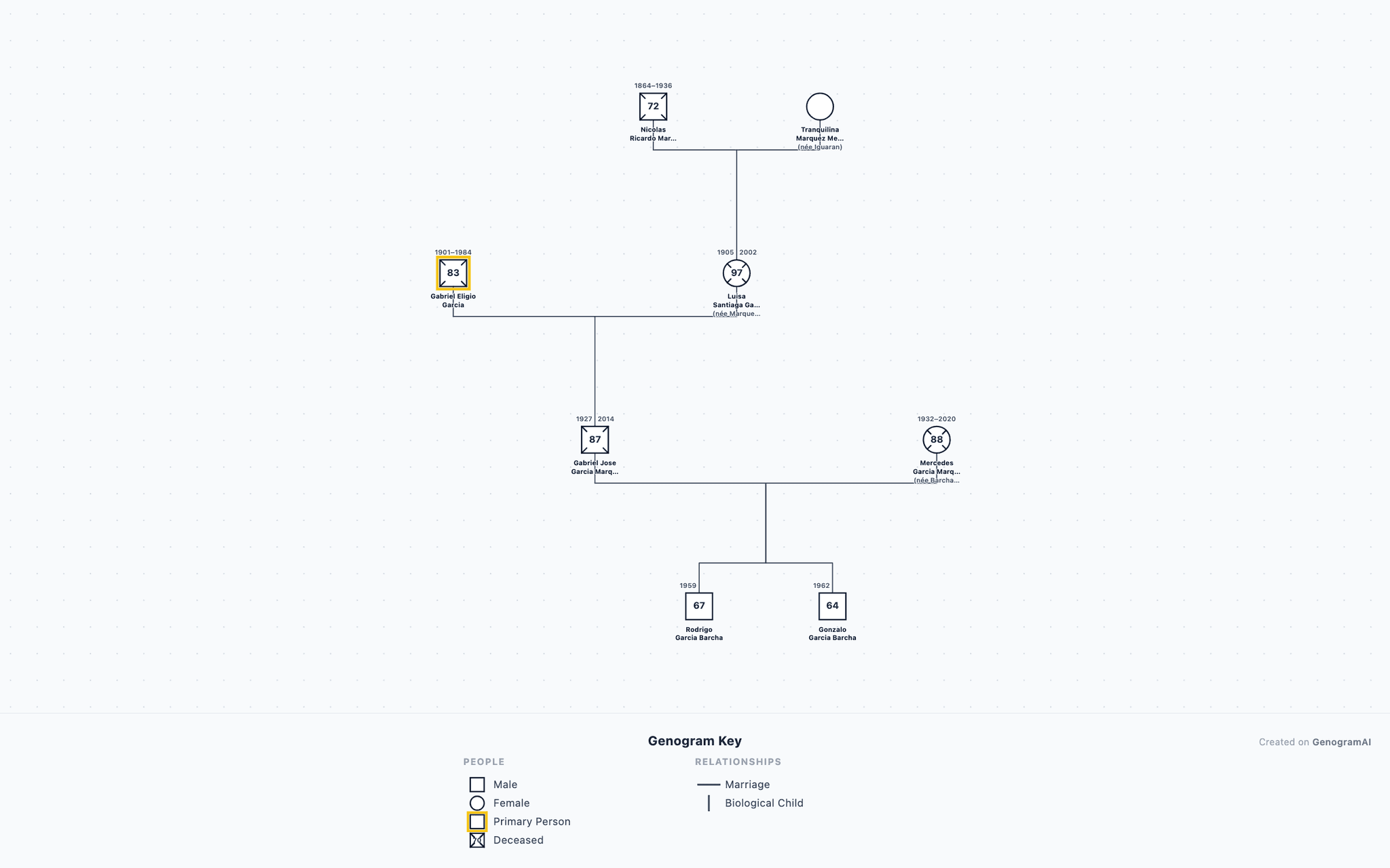 Gabriel Garcia Marquez Genogram drawn in standard genogram notation: 4 generations, 8 family members
