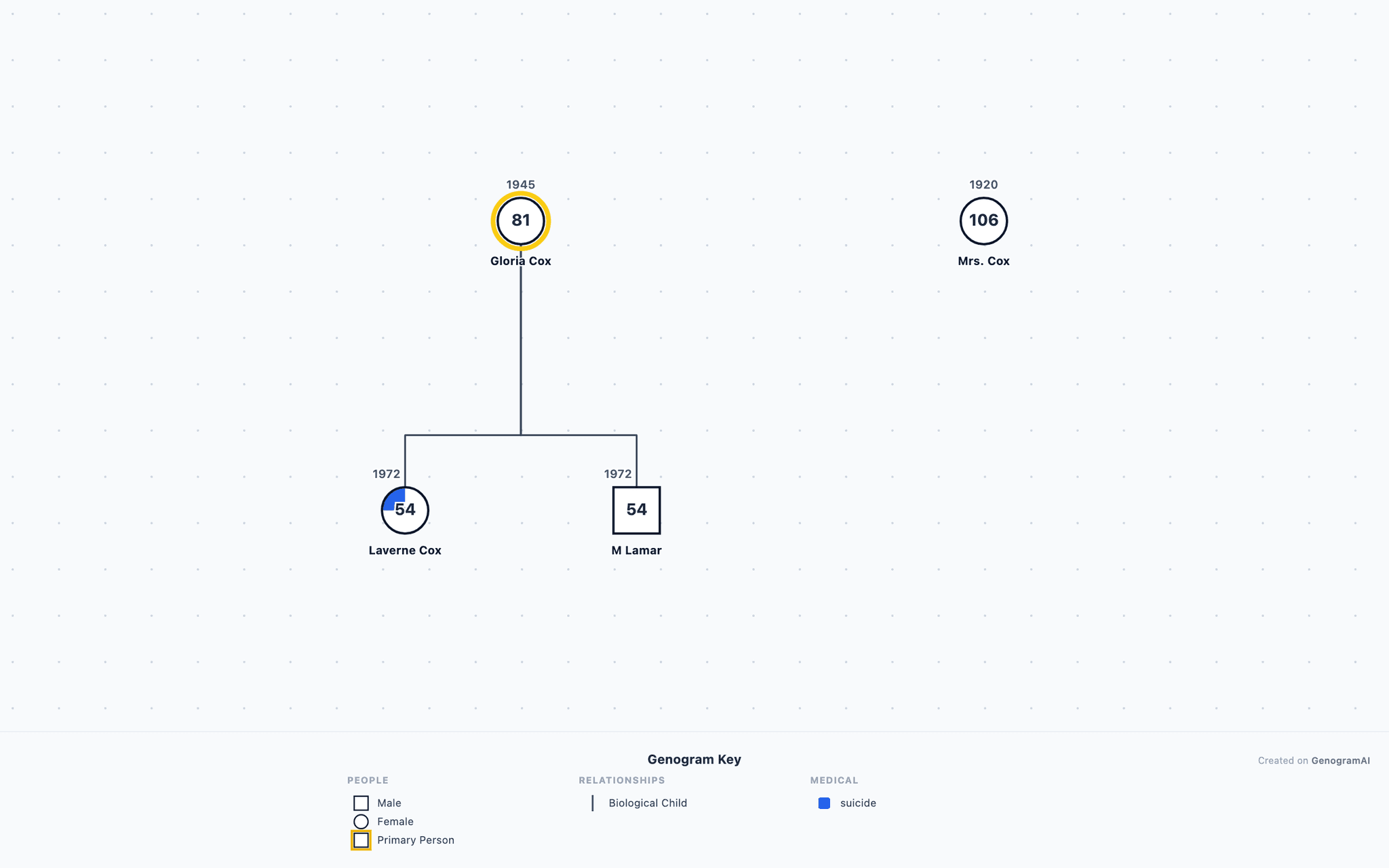 Laverne Cox Genogram — Genogram Example Laverne Cox Genogram genogram example showing family relationships, created with GenogramAI