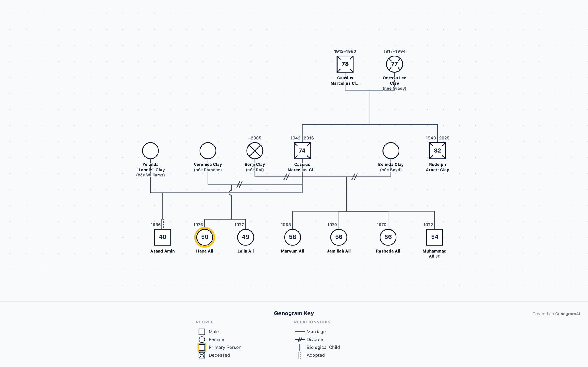 Muhammad Ali Genogram drawn in standard genogram notation: 3 generations, 15 family members