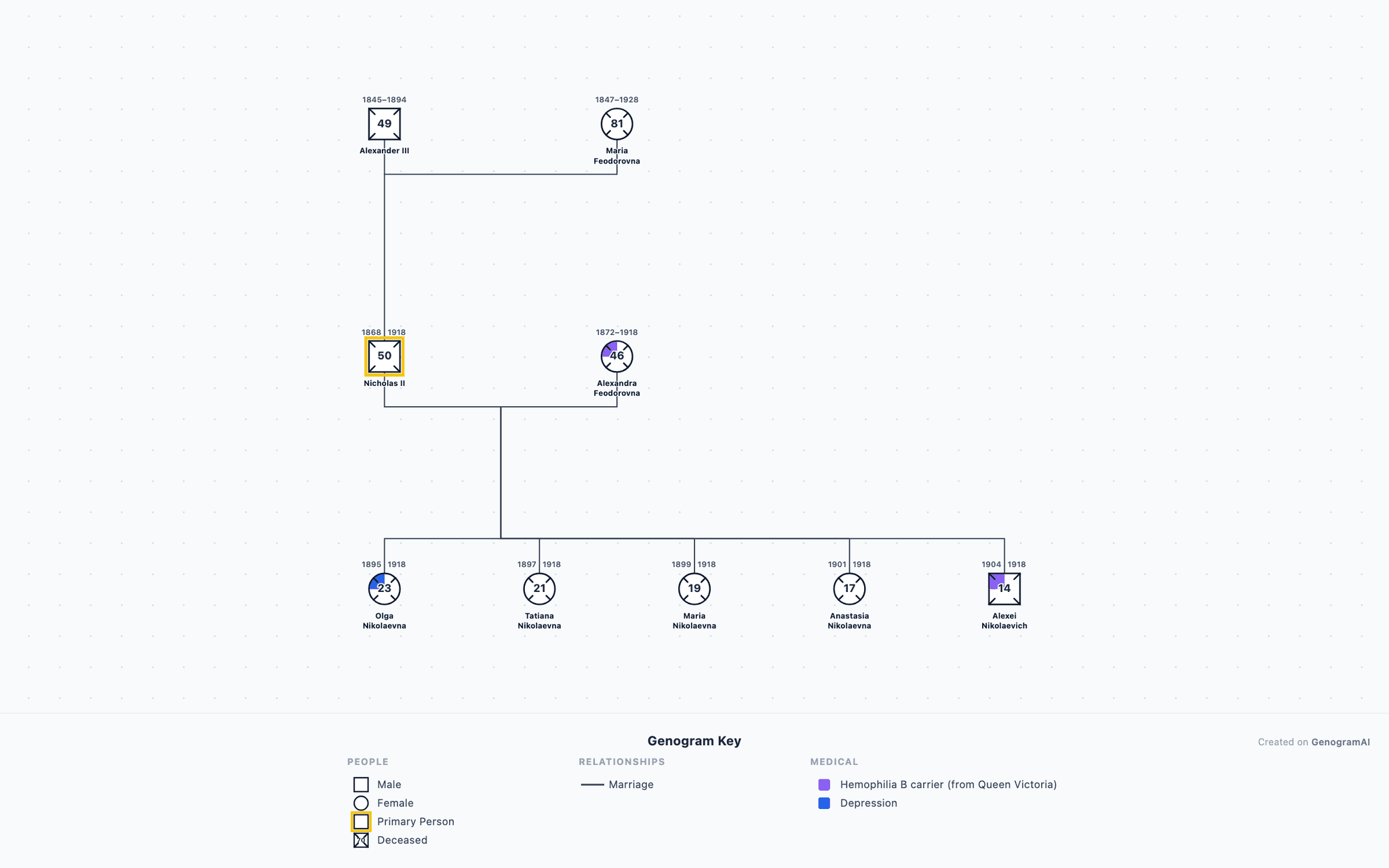 Romanov Dynasty Genogram drawn in standard genogram notation: 3 generations, 9 family members