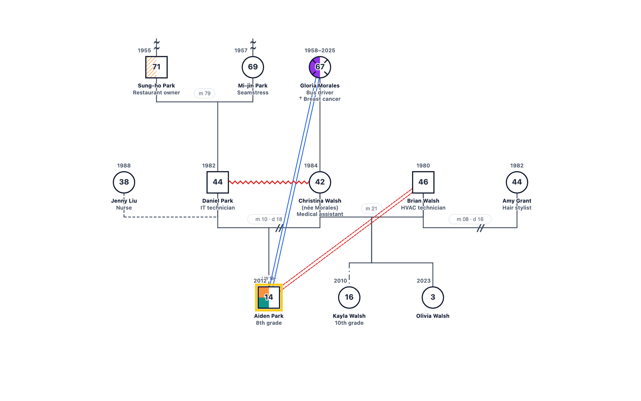 School Counselor Genogram: Student in Two Households example