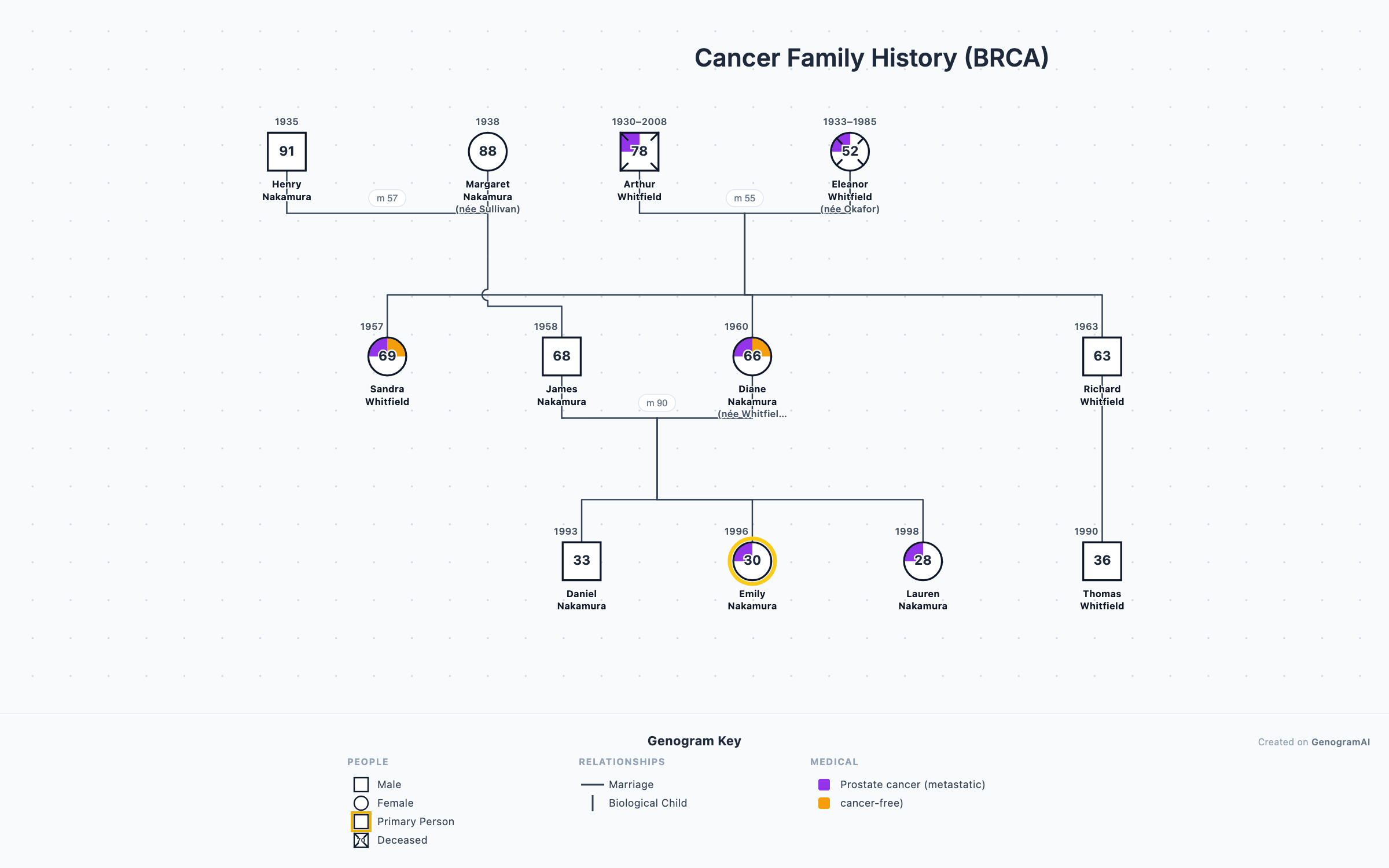Genogram example: Cancer Family History (BRCA)