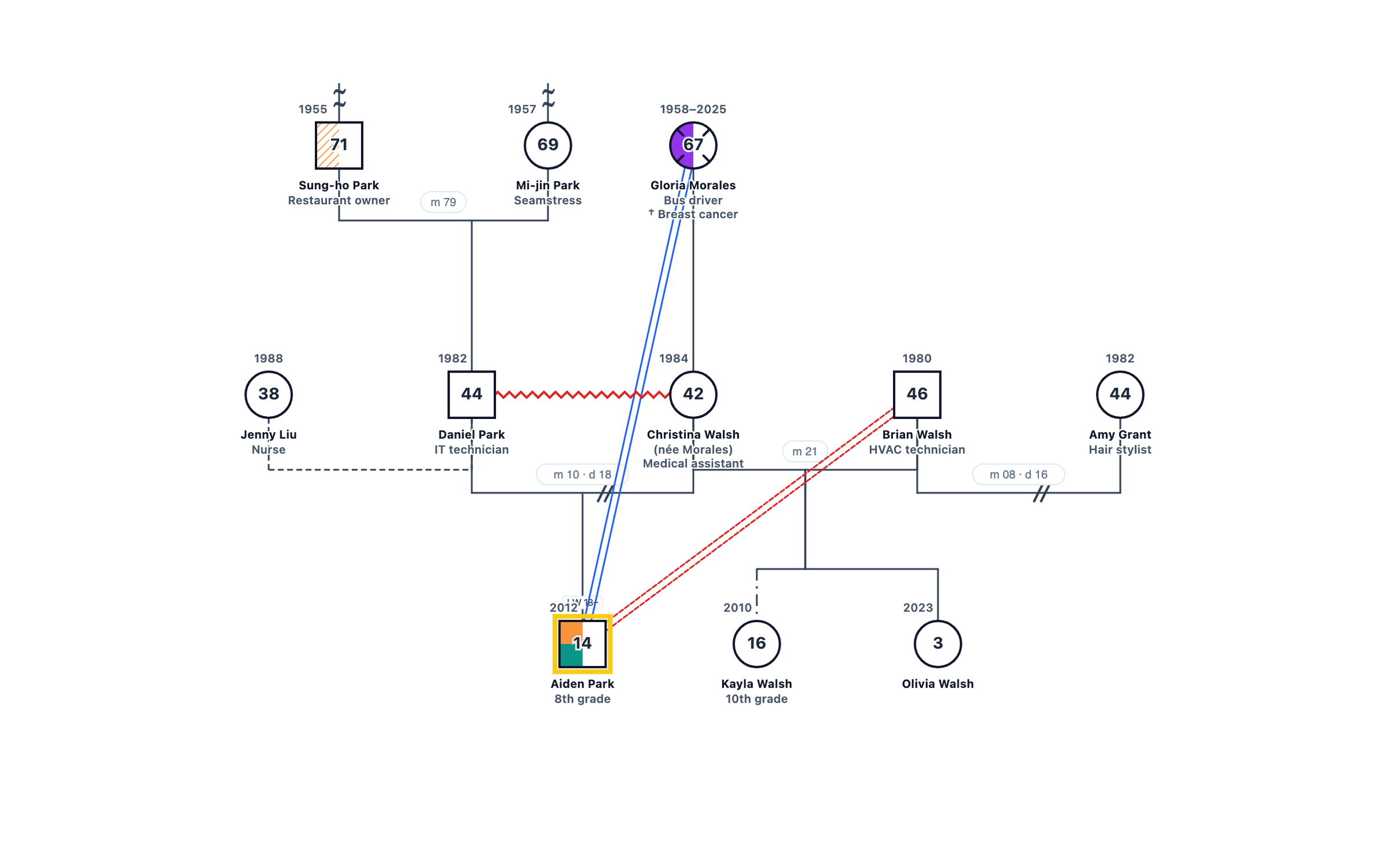 Genogram example: School Counselor Genogram: Student in Two Households