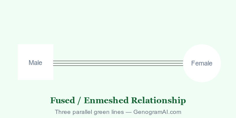 Genogram fused enmeshed relationship symbol showing three parallel purple lines