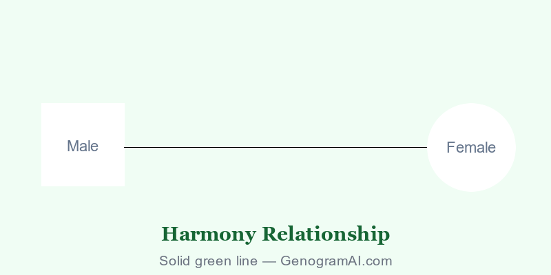 Genogram harmony relationship symbol showing thick center line with thin outer lines in teal