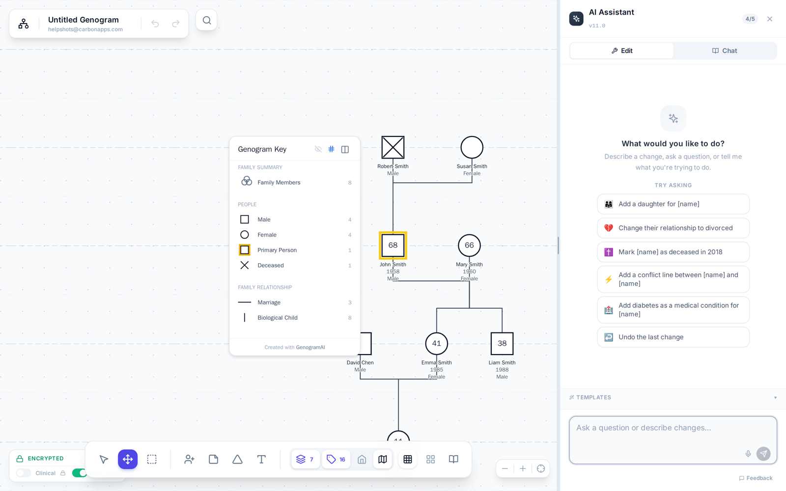 The AI Assistant sidebar in the editor: describe changes in plain language and the genogram updates