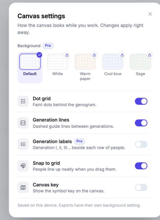 The Canvas settings window with five background swatches and switches for Dot grid, Generation lines, Generation labels, Snap to grid and Canvas key