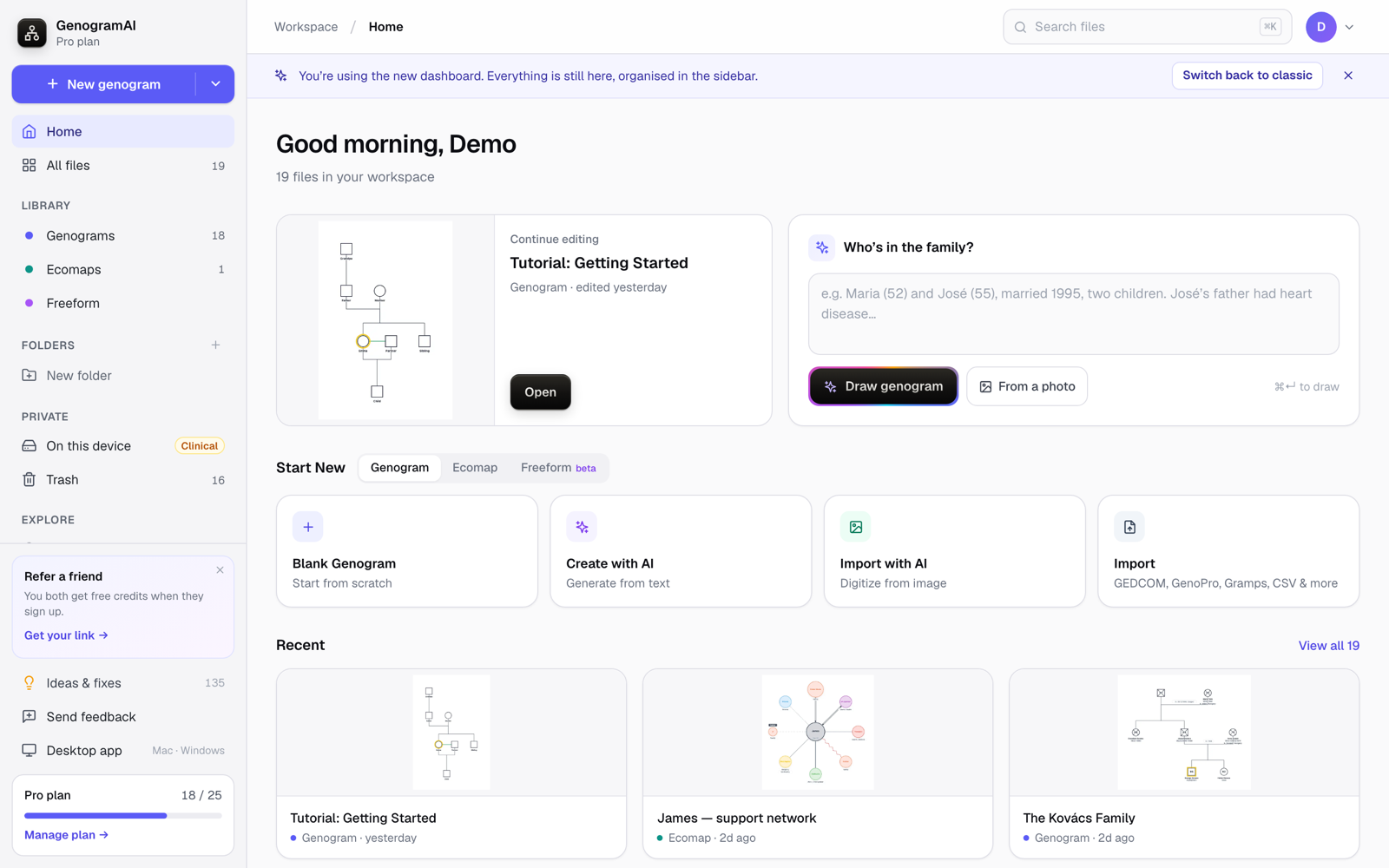 The GenogramAI dashboard with the sidebar on the left (Home, All files, Genograms, Ecomaps, Freeform, Folders, On this device, Trash, Community, Tutorials) and file cards on the right