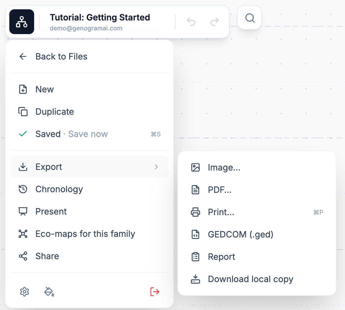 The GenogramAI File menu, opened from the logo at the top left, with the Export submenu open: Image, PDF, Print, GEDCOM, Report and Download local copy
